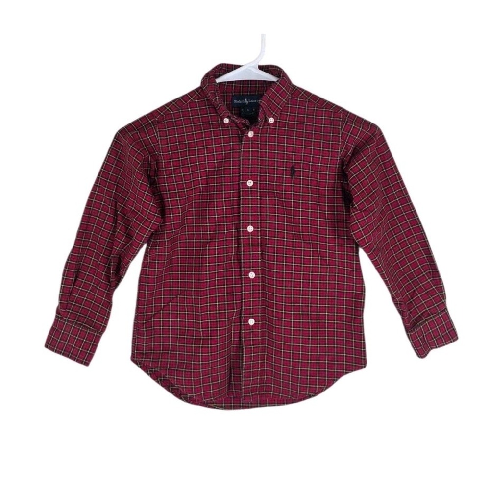 Polo Ralph Lauren Boys Size 5 Red Black Tartan Plaid Button Down Shirt Cotton